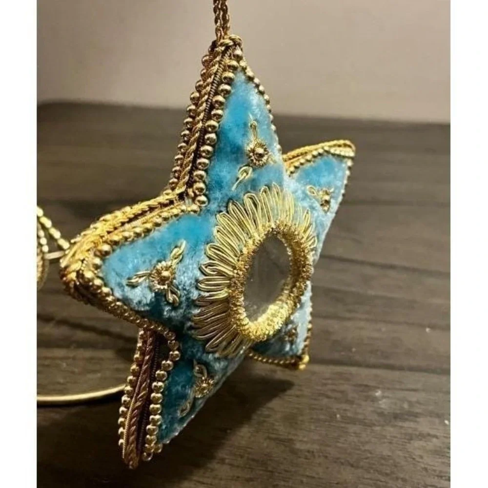 Vintage Handmade Blue Velvet Star Christmas Ornament Gold Trim Mirror Center 4